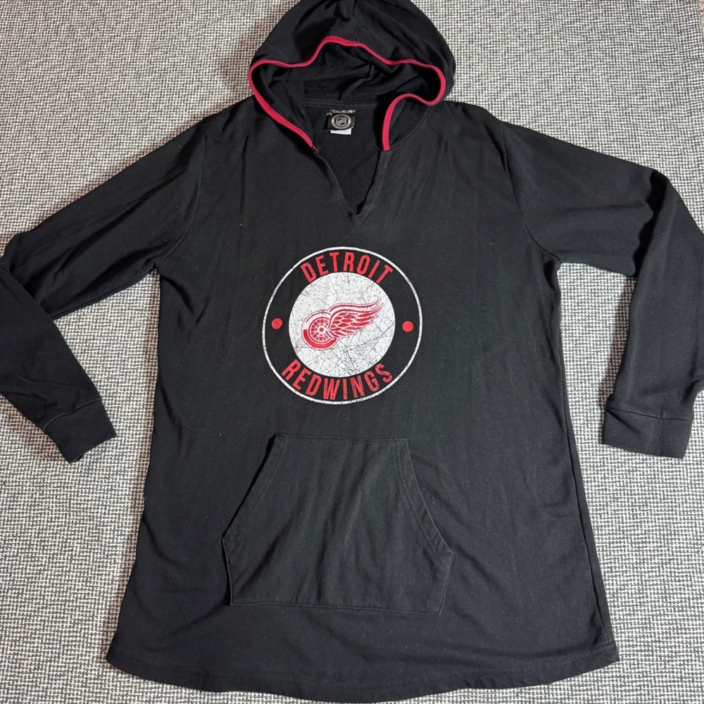 Calhoun NHL Detroit Red Wings Black V-Neck Hoodie Tunic Women XL Distressed Logo